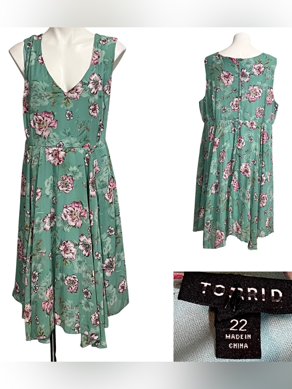 torrid dress sz 22 green Floral V-Neck Midi Dress Pink Blooms fall office plus